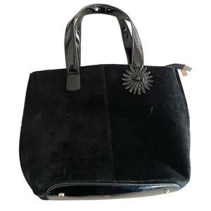 Tosoco Black Suede Patent Leather Purse Shoulder Tote Floral Embellishment
